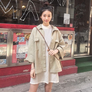 春秋新款韩版宽松大口袋复古牛仔外套女学生原宿风工装bf港味衬衣
