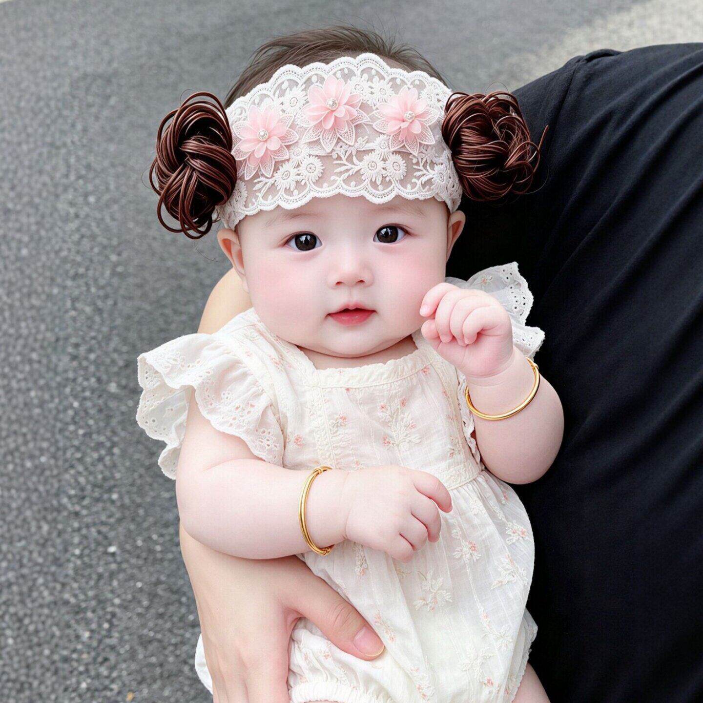 发带女宝宝婴儿蕾丝花朵护囟门帽可爱超萌公主风拍照假发空顶帽子