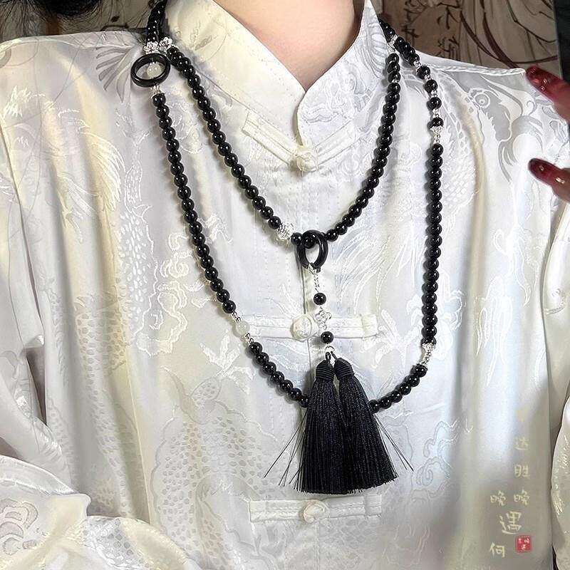 国风长款流苏黑色串珠项链新中式小众复古古风斜挎链毛衣链配饰品