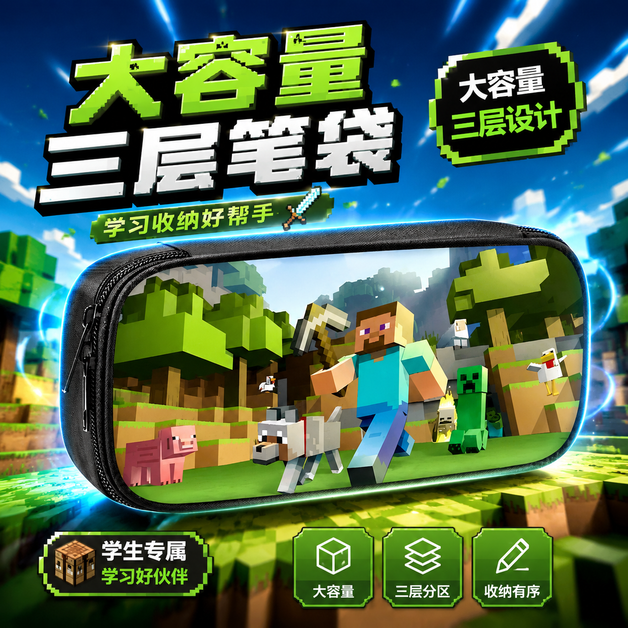 我的世界笔袋小学生铅笔盒2026年新款超火网红爆款文具袋初中生笔盒学生文具盒儿童幼儿园末影龙苦力怕男孩款