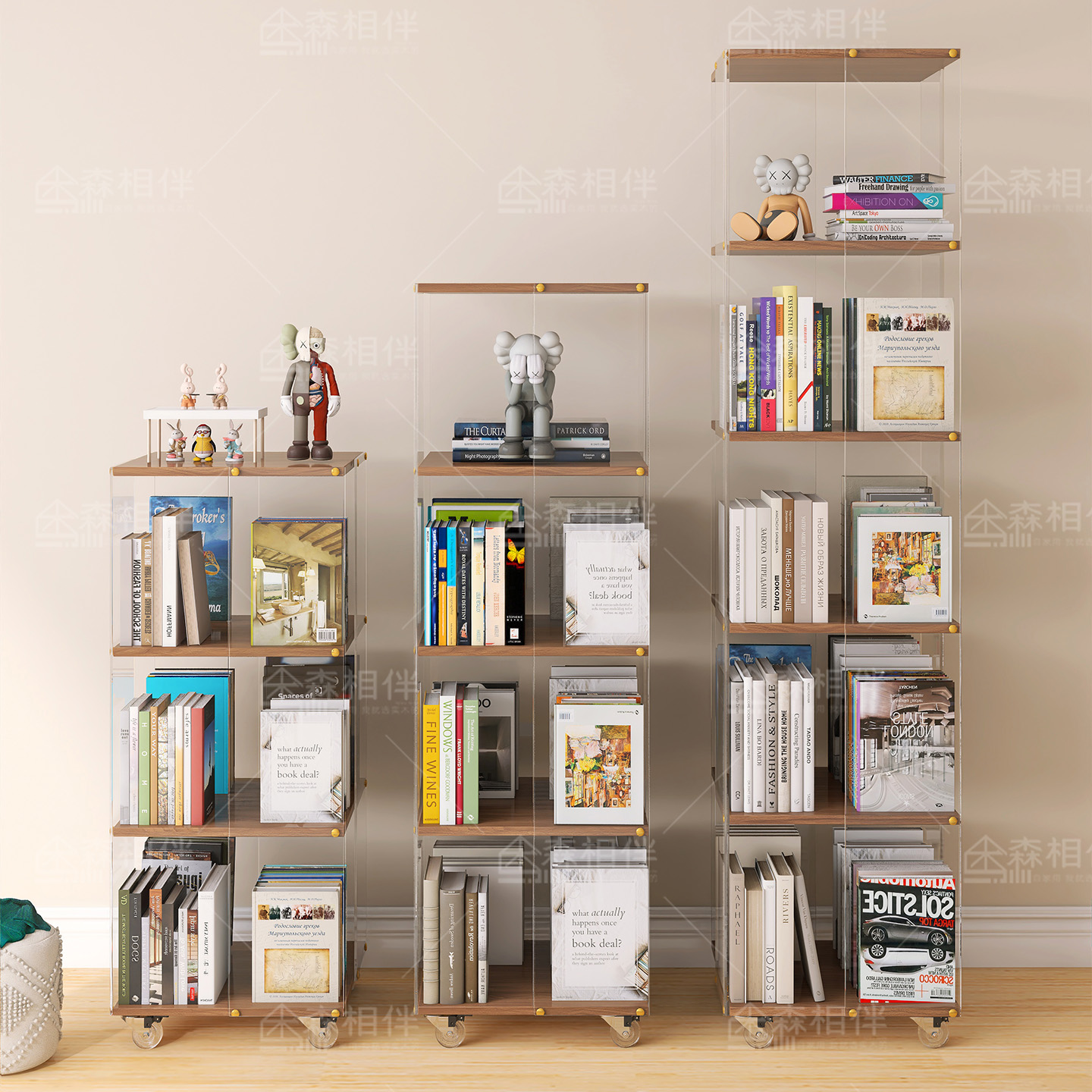 亚克力创意旋转书架落地置物架家用书房展示柜实木可移动转角书柜