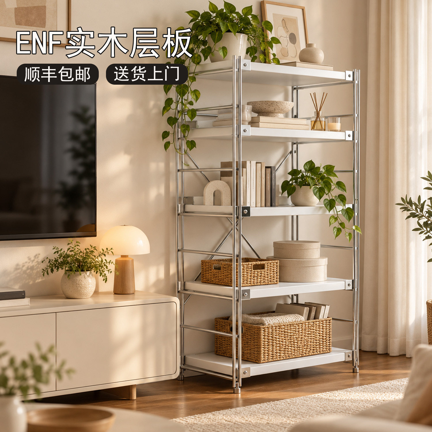 日式光轴落地书架多层置物架书房客厅简约实木陈列收纳架家用货架
