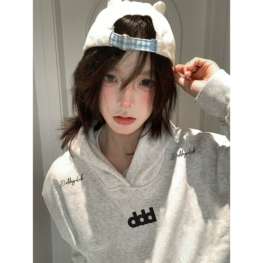 花灰色秋冬季加绒加厚创意潮牌新款个性字母连帽卫衣女外套上衣