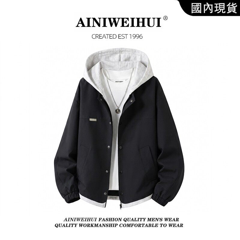 AINIWEIHUI秋季情侣新款假两件连帽夹克潮流宽松休闲工装外套上衣