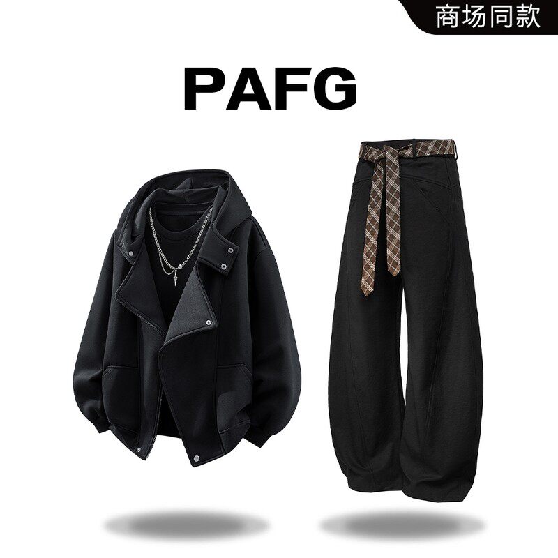 PAFG美式潮牌高街不规则连帽卫衣男秋季百搭个性高级感男装两件套