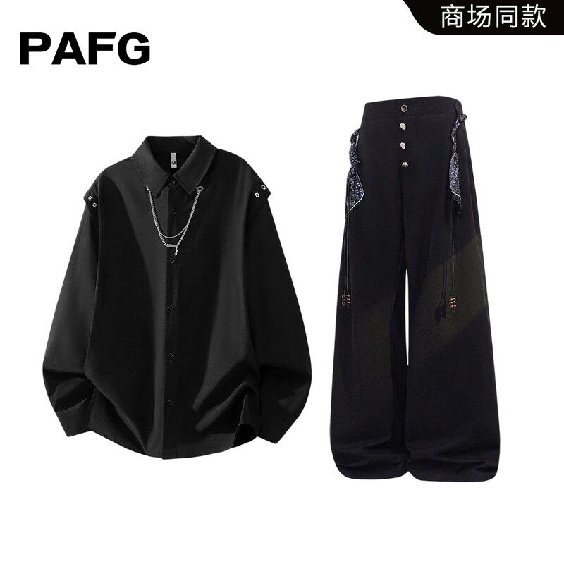 PAFG美式潮牌长袖衬衫男秋季新款复古痞帅宽松痞帅衬衣两件套男装