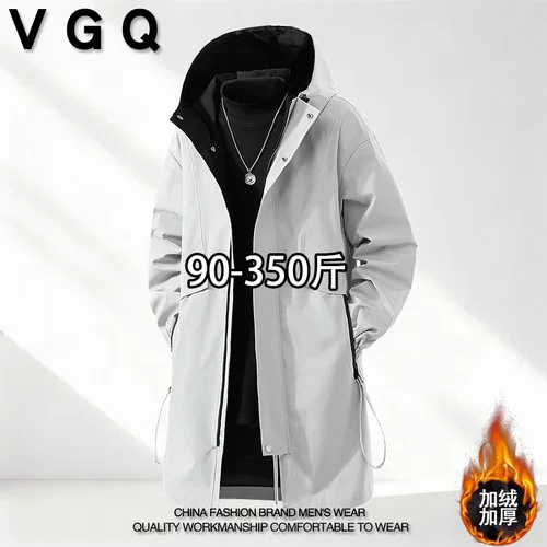 VGQ潮男休闲百搭中长款加绒风衣冬季加肥加大码厚款连帽夹克外套