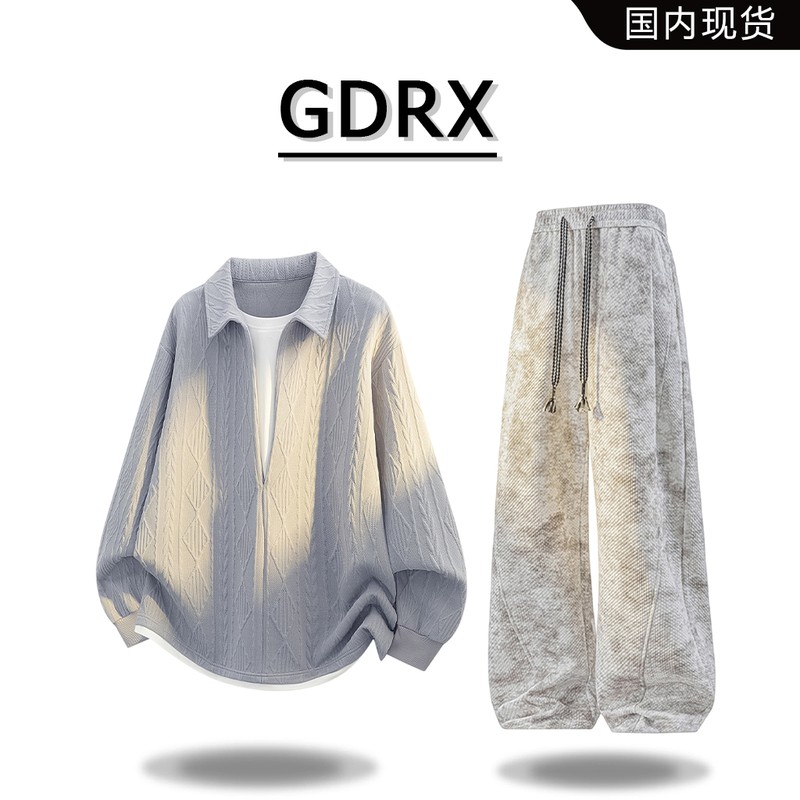 GDRX美式翻领假两件卫衣套装男2026秋季新款扎染休闲裤两件套男装