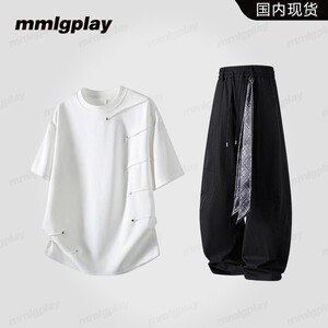 mmlgplay美式潮流设计感短袖T恤套装夏季新款解构风休闲裤两件套