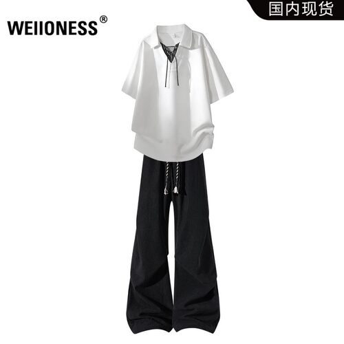 WEIIONESS潮流时尚短袖T恤套装男夏季休闲宽松两件套轻奢痞帅男装