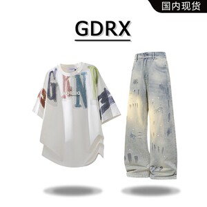 GDRX美式潮流设计短袖T恤男夏季宽松高级感时尚牛仔裤两件套男装