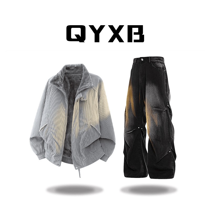 品牌正品现货】QYXB冬季灯芯绒连帽假两件棉衣男外套男夹克加绒加