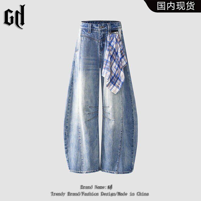GD潮牌爆款牛仔弯刀裤秋冬季男女同款水洗格子可拆卸方巾休闲裤子