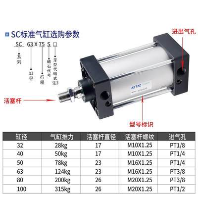 亚德客大推力标准气缸SC32/40/50/63/80/100*50x75x100x150x200S