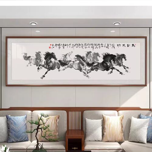 八骏图客厅挂画办公室山水画中式沙发背景墙装饰画马到成功骏马图