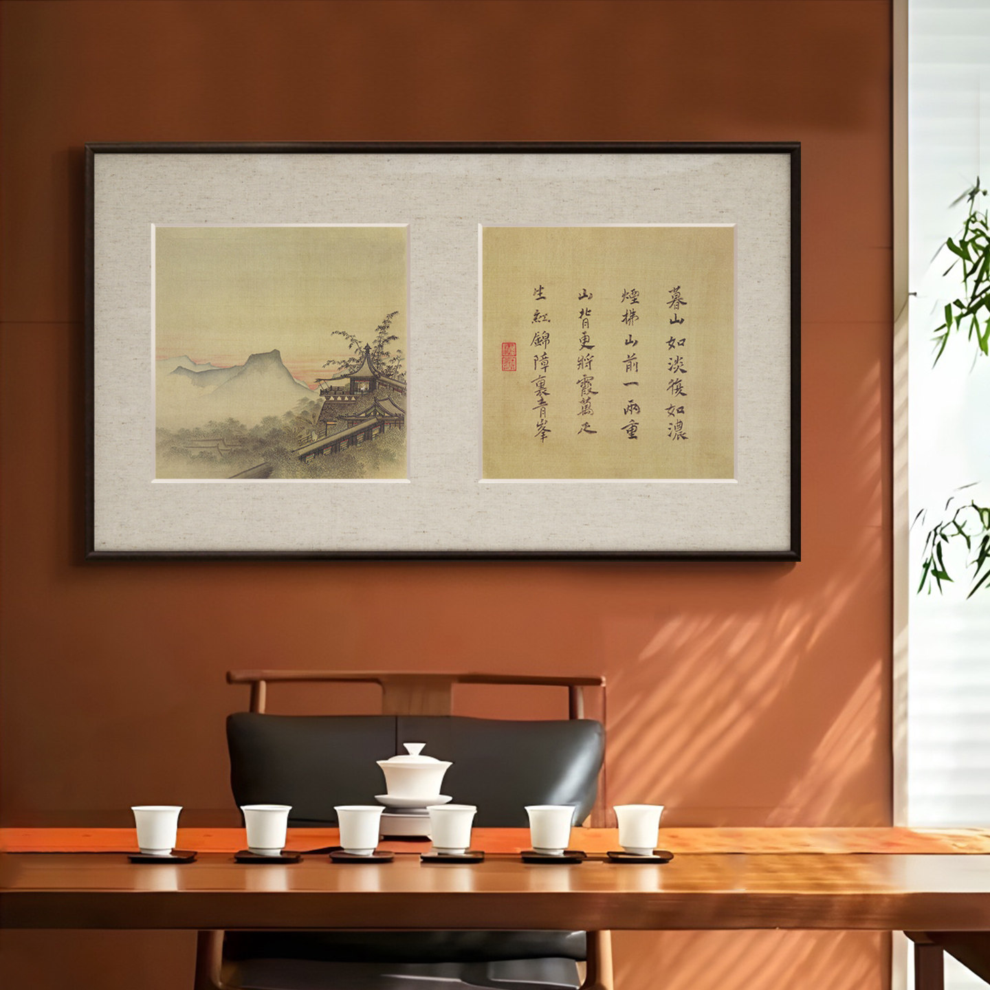 新款新中式古风山水花鸟字画卡纸工艺画挂画书房茶室背景墙装饰画
