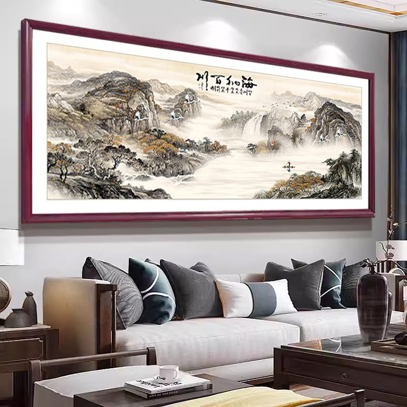 新中式客厅沙发背景墙装饰画茶室实木画山水风景画壁画大气挂画