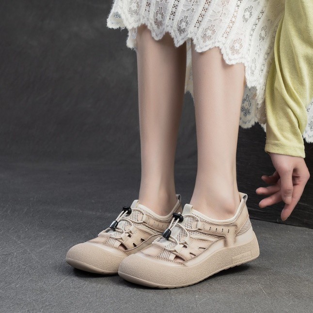 罗马包头休闲凉鞋女2025夏季新款软底不累脚真皮网面镂空透气板鞋