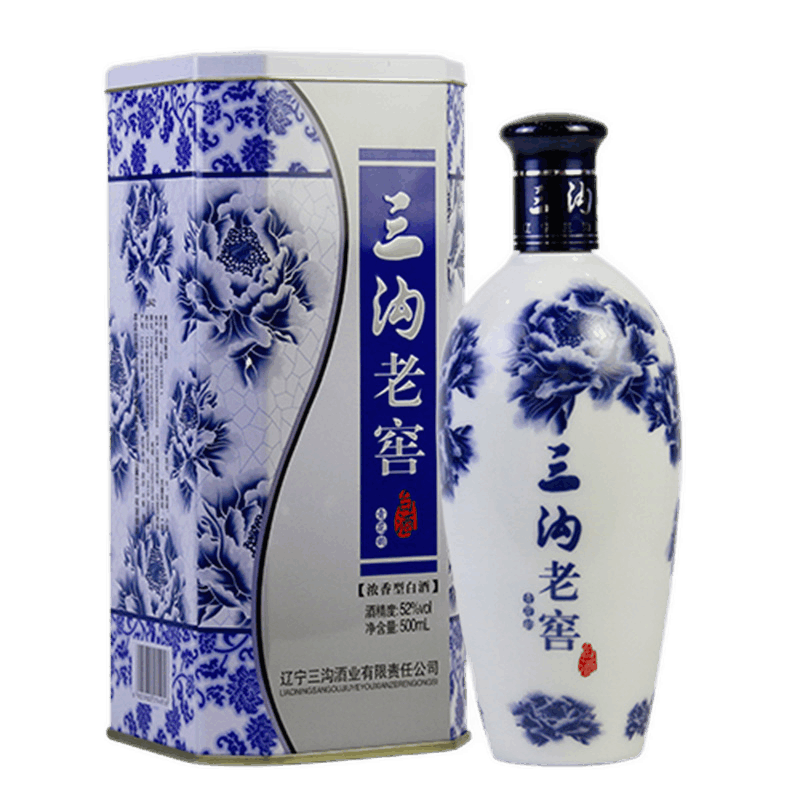 辽宁特产三沟老窖青花韵52度浓香型500ml/瓶高度纯粮白酒礼盒铁盒