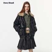 美式 Vone SheeE 复古可拆卸毛领黑色辣妹皮衣夹棉加厚pu皮外套女