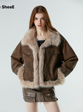 Vone SheeE美式复古毛毛短外套冬2025新款皮草机车服女式皮毛一体