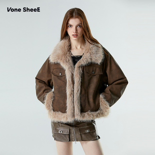 皮草机车服女式 复古毛毛短外套冬2025新款 皮毛一体 SheeE美式 Vone