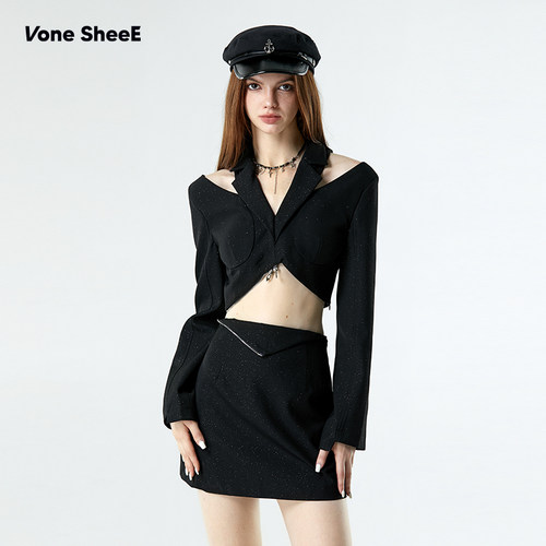 Vone SheeE  设计感早秋甜酷辣妹小香风高级感可拆卸黑色连衣裙女