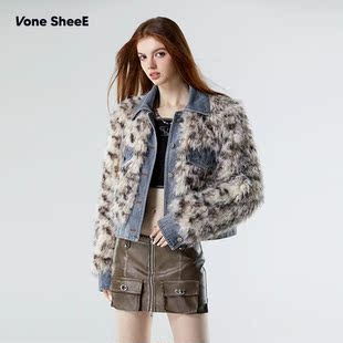 复古扎染毛皮草拼牛仔外套修身 早秋美式 显瘦上衣外套 SheeE Vone