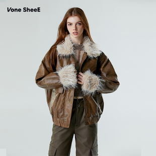 复古棕色 早秋冬长毛绒领拼接pu皮皮衣夹克外套女美式 Vone SheeE