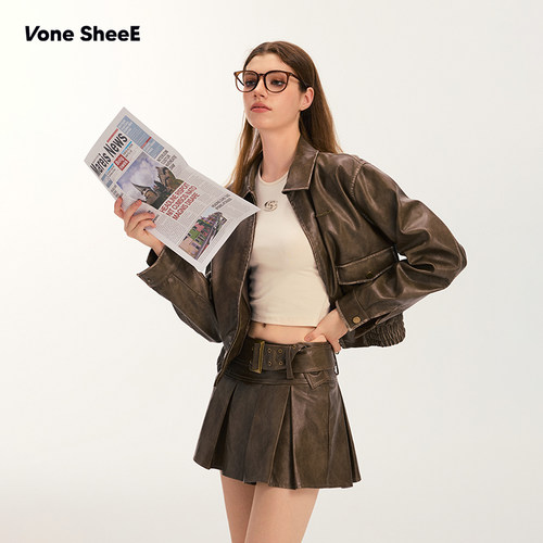 Vone SheeE 美式复古擦色皮裙百褶半身裙女辣妹短款a字裙2025新款