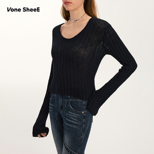 SheeE 辣妹毛衫 美式 长袖 上衣女早秋穿搭2025 复古U领针织衫 Vone
