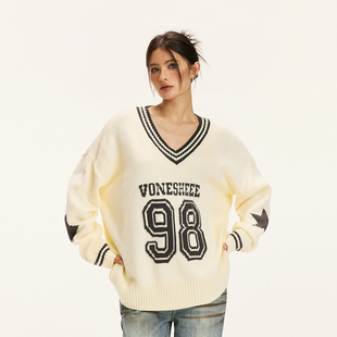 上衣女慵懒风宽松针织衫 Vone 复古字母学院v领毛衫 美式 衣服 SheeE