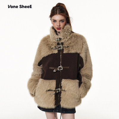 Vone SheeE美式复古辣妹设计感毛毛拼接仿貂毛皮草外套女冬