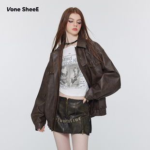短款 复古皮衣女工装 皮夹克 美拉德柳钉短外套上衣美式 2025秋冬新款