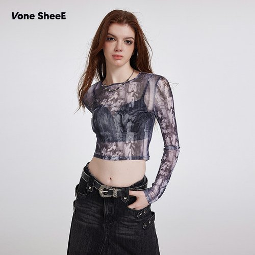 Vone SheeE 复古报纸印花辣妹短款上衣网纱修身短款早秋长袖t恤女