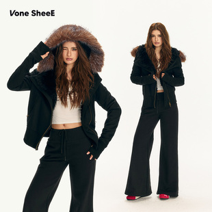 辣妹连帽毛领斜襟毛绒内胆棉服外套女2025秋冬新款 Vone SheeE美式