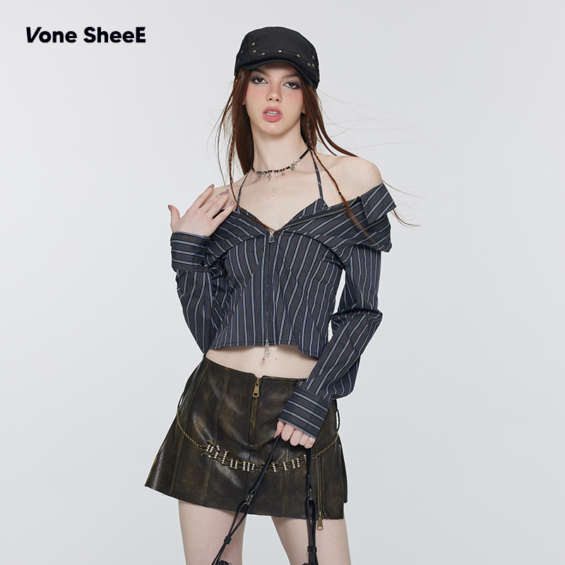 Vone SheeE甜辣妹一字肩长袖修身衬衫女新款设计感条纹上衣两件套