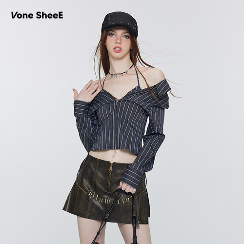 Vone SheeE甜辣妹一字肩长袖修身衬衫女早秋设计感条纹上衣两件套