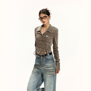 SheeE美式 衬衣2025早秋新款 复古丝绒抽绳衬衫 短款 上衣 女修身 Vone