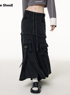 Vone sheeE 两穿可拆卸辣妹重工垂感灰色长裙中长款工装半身裙女