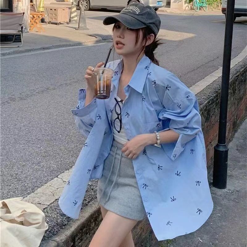 粉色蝴蝶结印花长袖衬衫女春季新