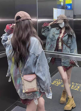 美式复古港风涂鸦牛仔外套女装春