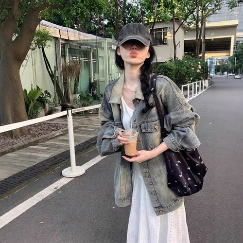 高街美式复古炸街做旧牛仔工装外