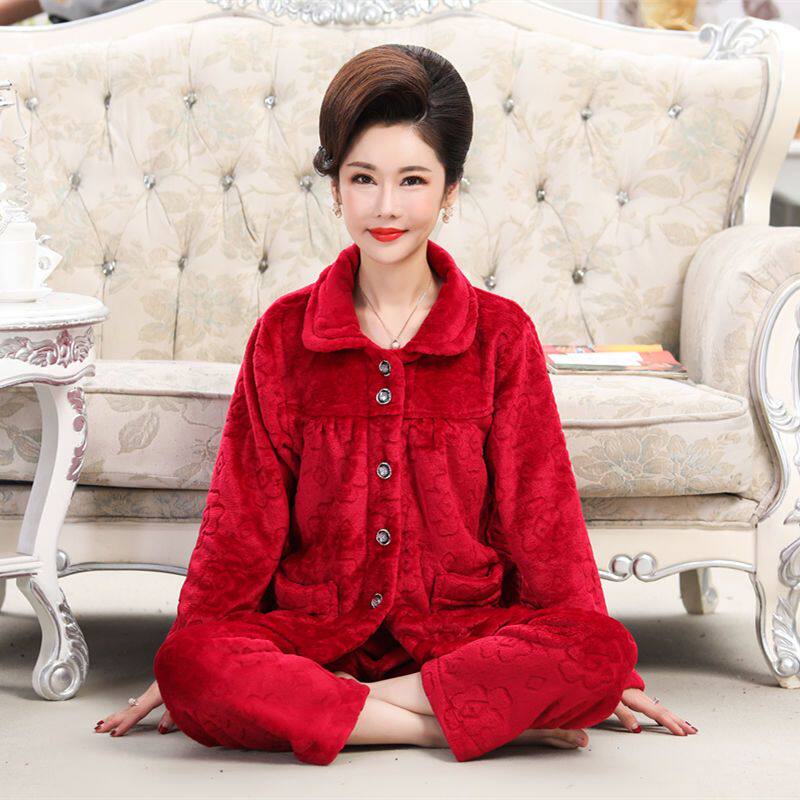 秋冬季珊瑚绒睡衣女中老
