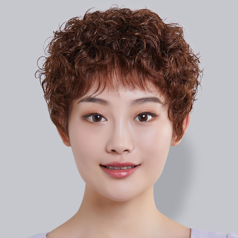 假发短发女真人发丝短卷发全头套式中老年妈妈自然发套女士假头发