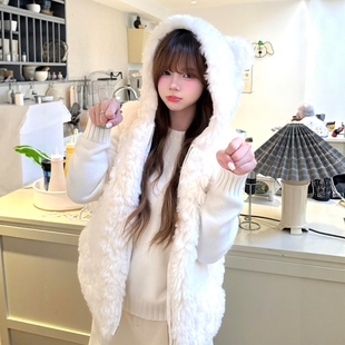 白色连帽羊羔绒马甲冬外穿女装新款百搭保暖显瘦夹棉外套马夹背心