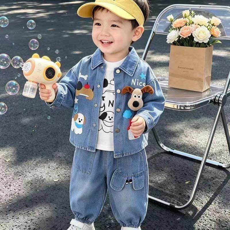 1享来优品严选男童春秋童装套装洋气儿童牛仔卡通三件套宝宝外套