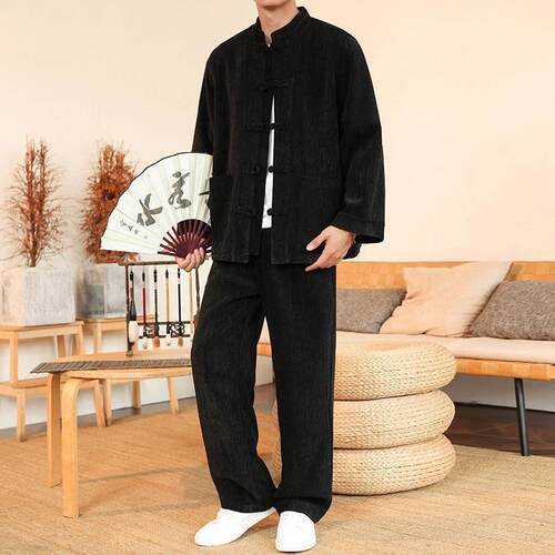 159吾特plus精品雪尼尔秋季中国风套装立领盘扣男士轻奢休闲唐装