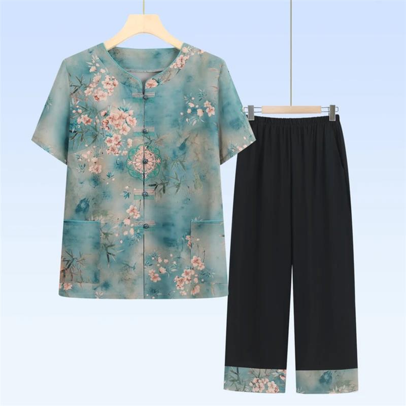 莉萱蔓服饰商行1中老年人夏季奶奶装绣花短袖两件套装开衫宽松透