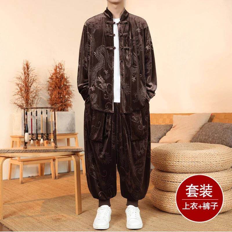 1299耐凯仑男装唐装茶服男秋冬季高级感金丝绒外套中国风龙纹提花